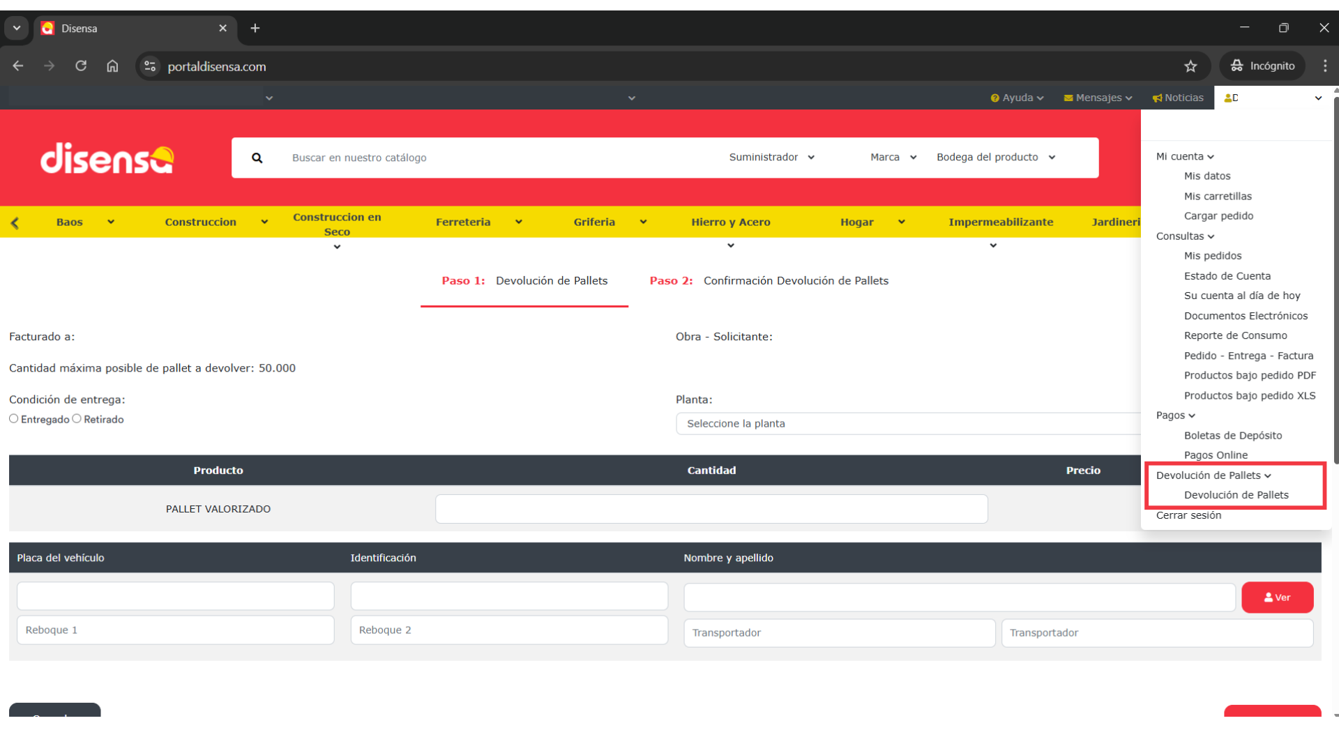 Devolución de pallets